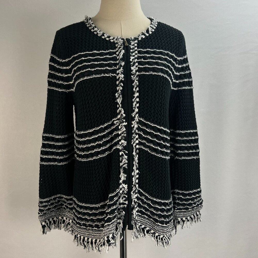 NWT Ann Taylor Black & White Fringe Sweater Zip Jacket Sz M